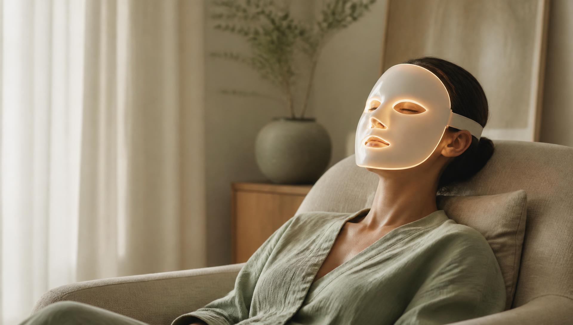 A woman resting in a calm, sunlit living room while wearing a softly glowing light-therapy face mask